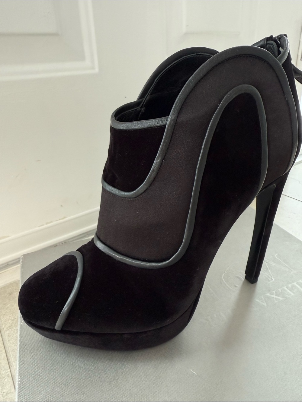 Alexander McQueen Black Sculptural Suede Stiletto Ankle Boot